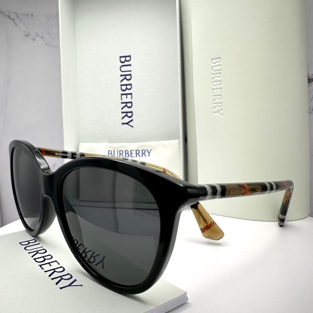 New Burberry Sunglasses Black Front Round Pantos Frame Checkered Arms Gray Lens - Picture 10 of 16